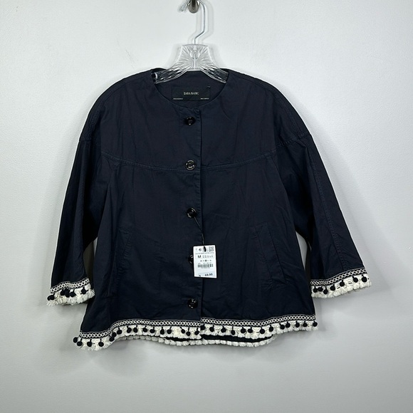 Zara Basic NWT Solid Black Tassel Pom Pom Detail Button Up Jacket Size Medium - Picture 1 of 8